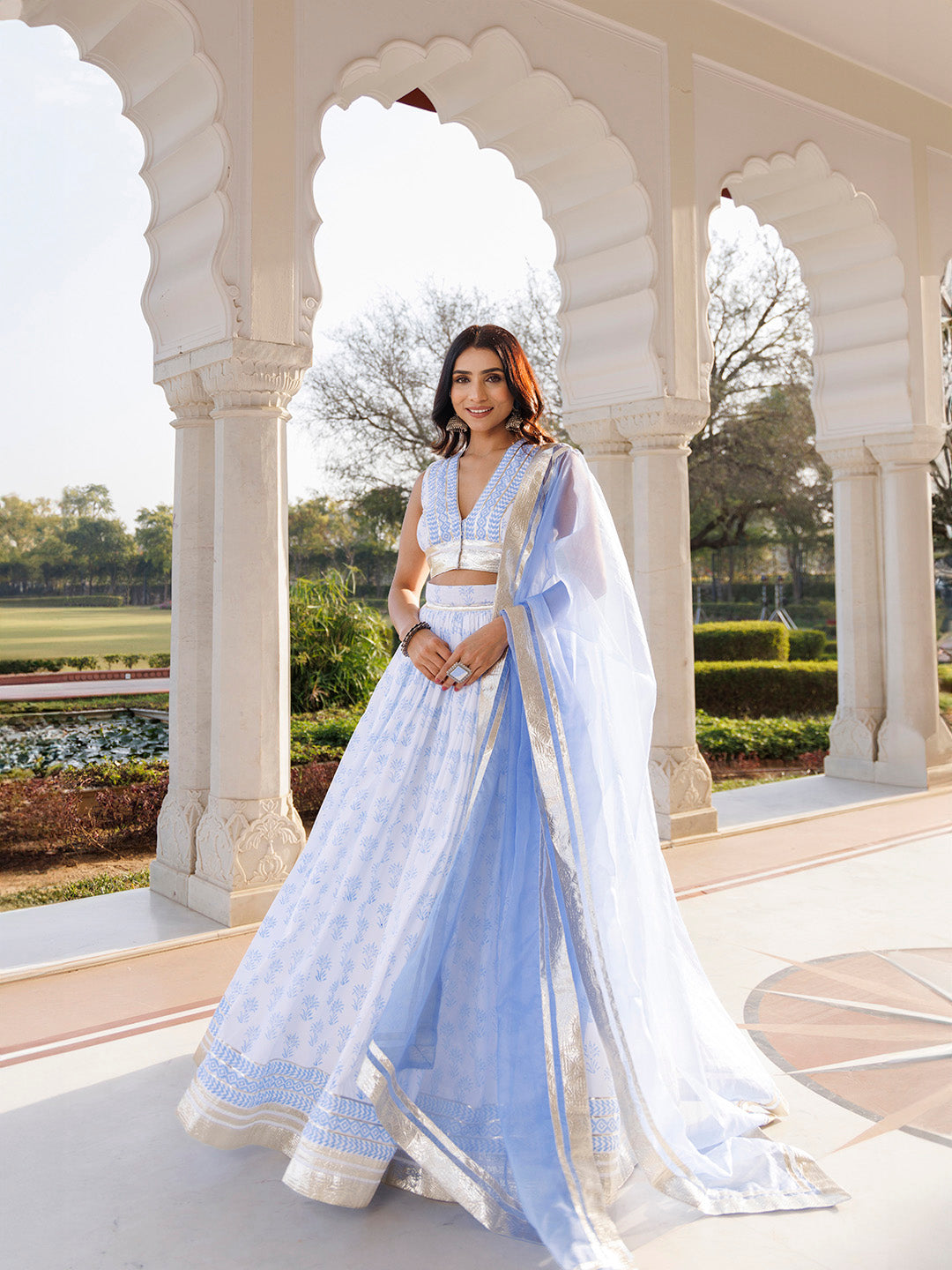 Angel Falls Blue and White Handblock Printed Lehenga Set