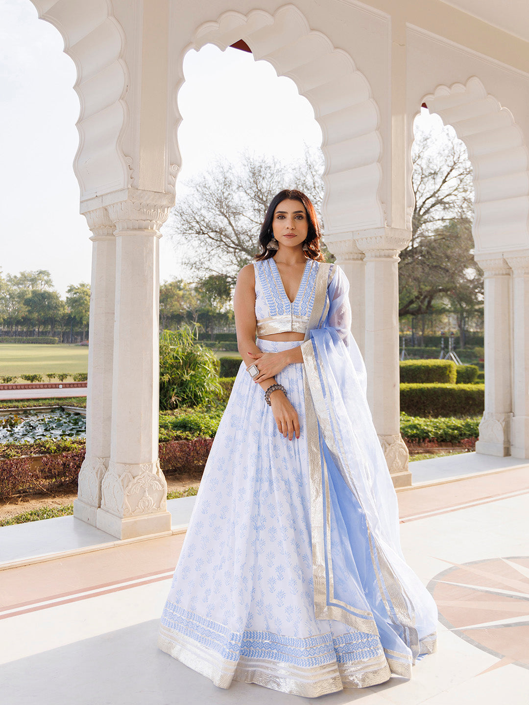 Angel Falls Blue and White Handblock Printed Lehenga Set