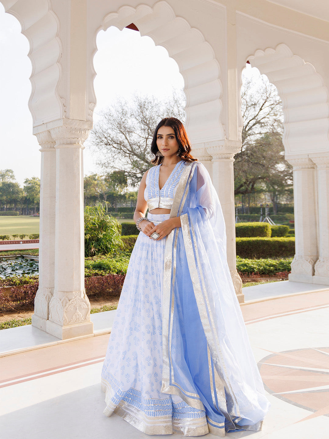 Angel Falls Blue and White Handblock Printed Lehenga Set