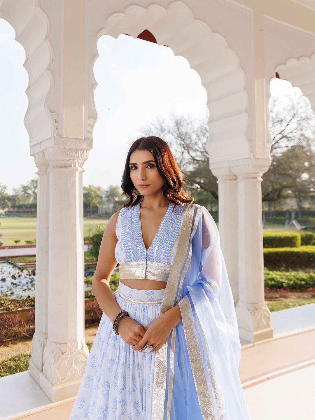 Angel Falls Blue and White Handblock Printed Lehenga Set