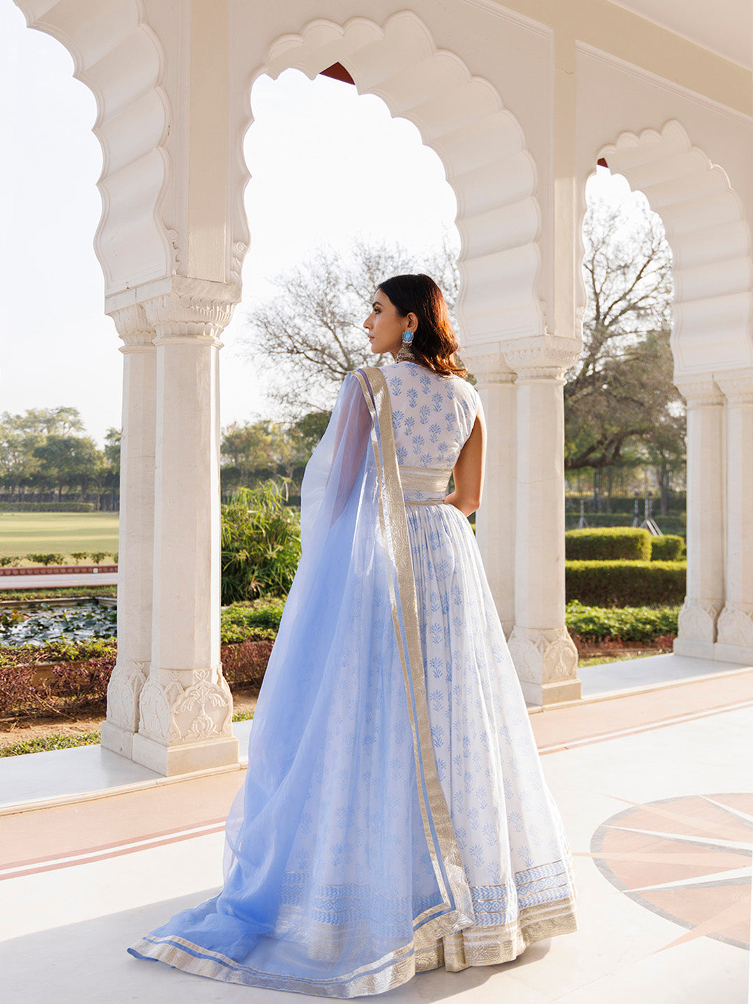 Angel Falls Blue and White Handblock Printed Lehenga Set