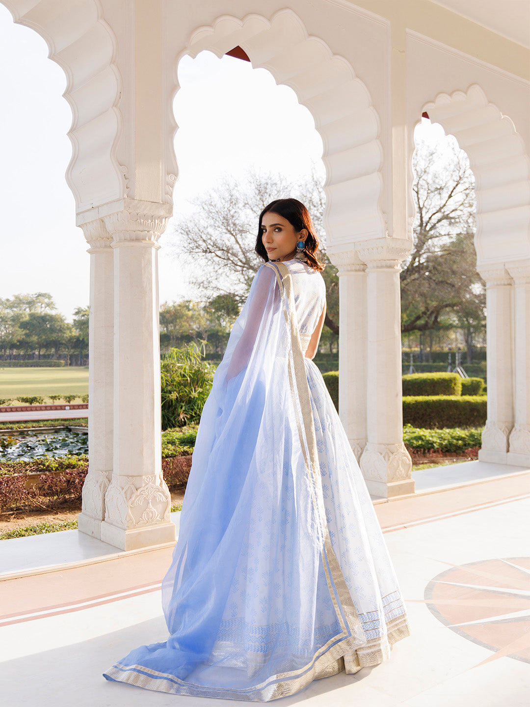 Angel Falls Blue and White Handblock Printed Lehenga Set