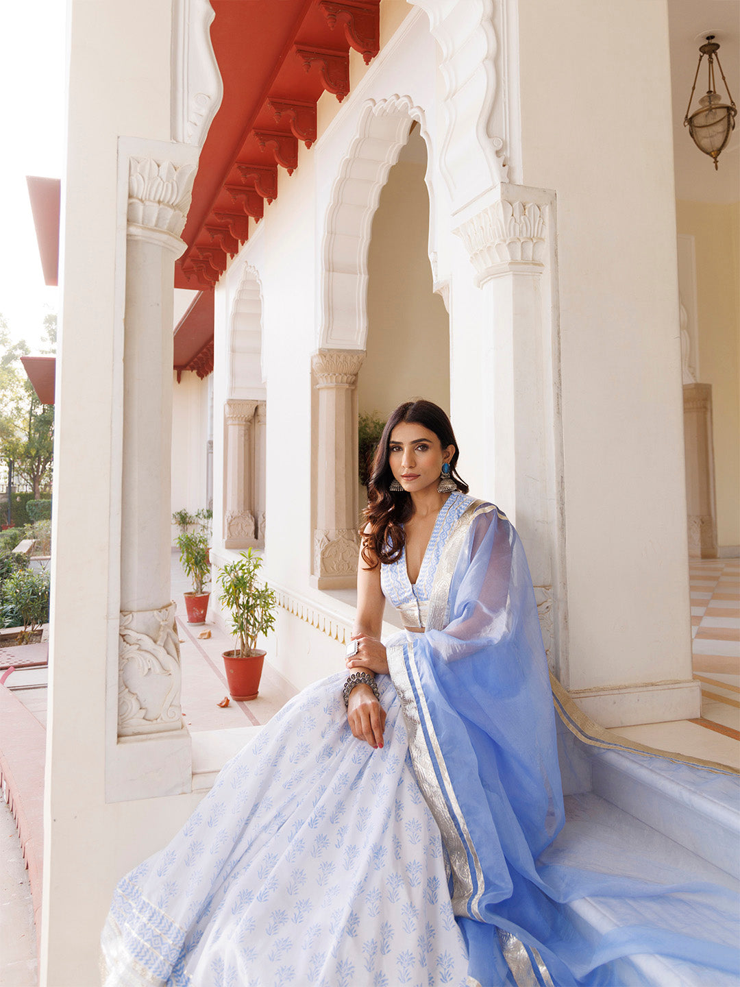 Angel Falls Blue and White Handblock Printed Lehenga Set