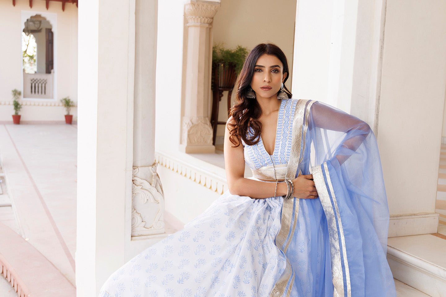 Angel Falls Blue and White Handblock Printed Lehenga Set