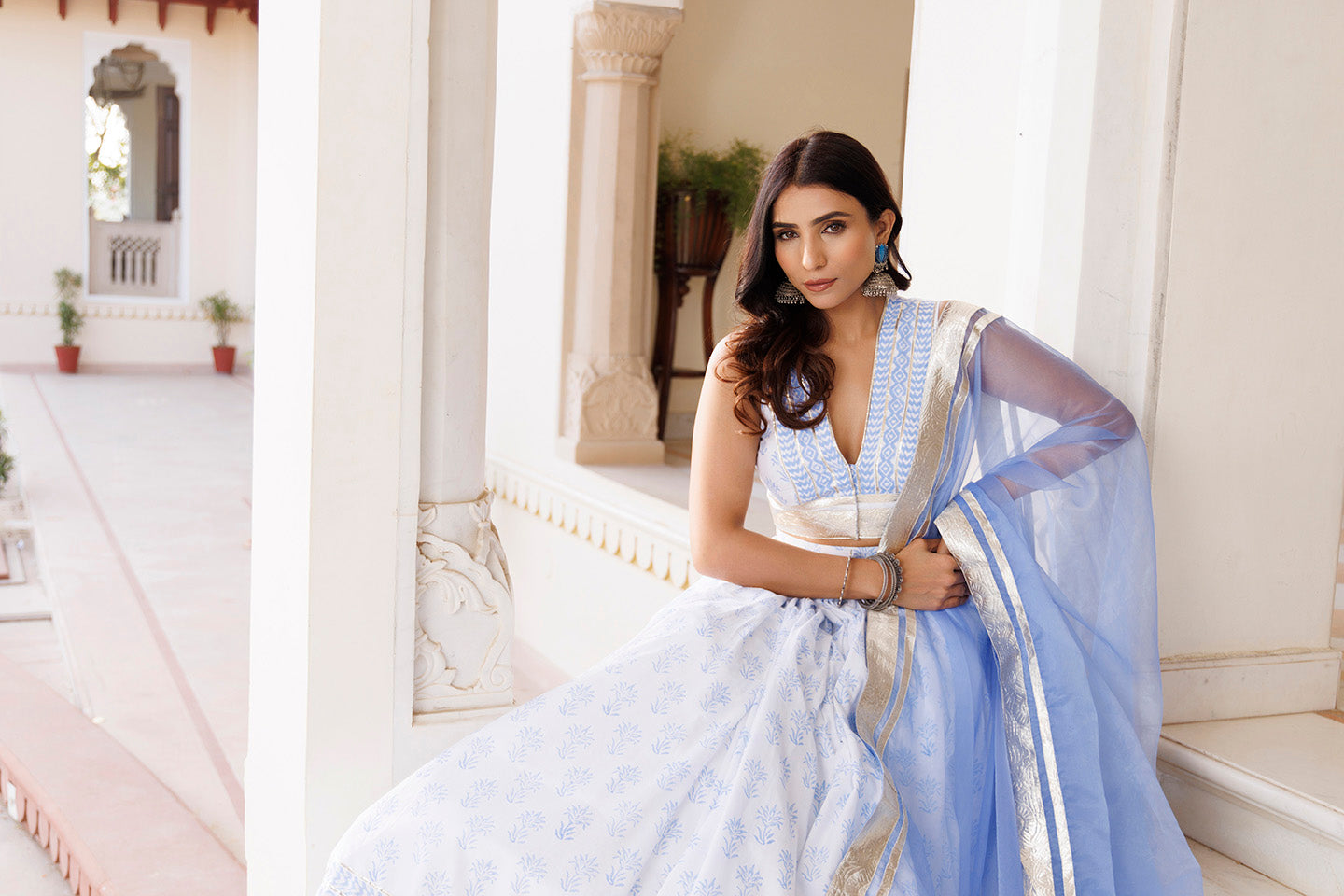 Angel Falls Blue and White Handblock Printed Lehenga Set