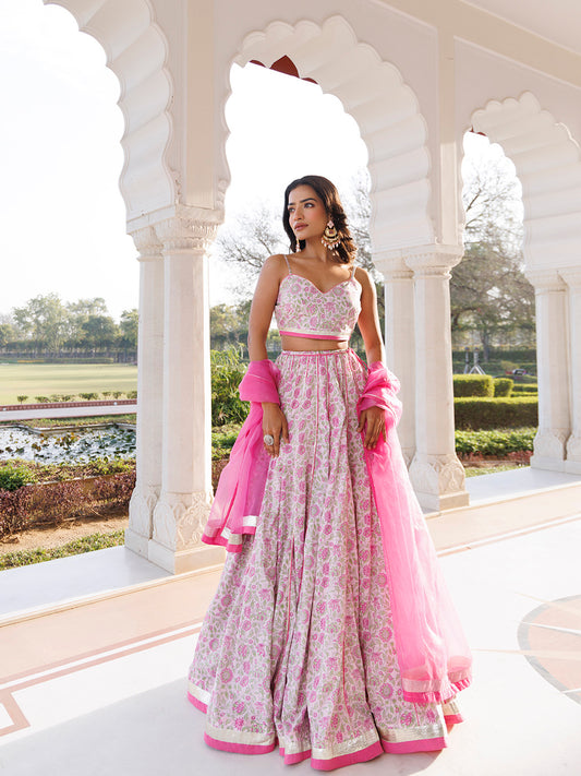 Mauve Chalk Pink Cotton Hand Printed Lehenga Set