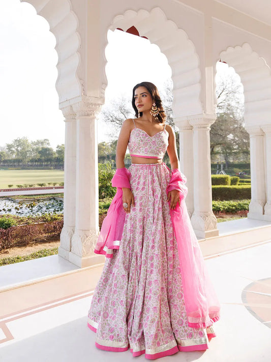 Mauve Chalk Pink Cotton Hand Printed Lehenga Set RAGAVI