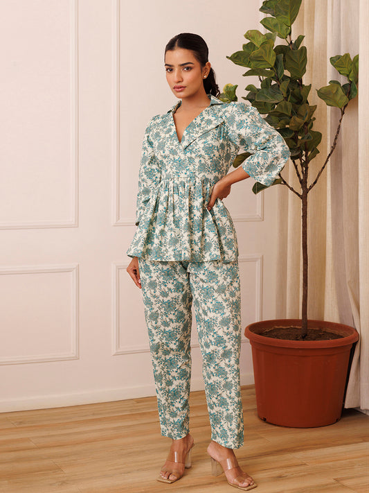 Bear Grass Aqua Blue Cotton Printed Co- Ord Set