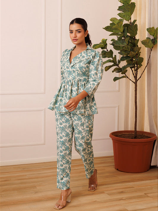 Bear Grass Aqua Blue Cotton Printed Co- Ord Set