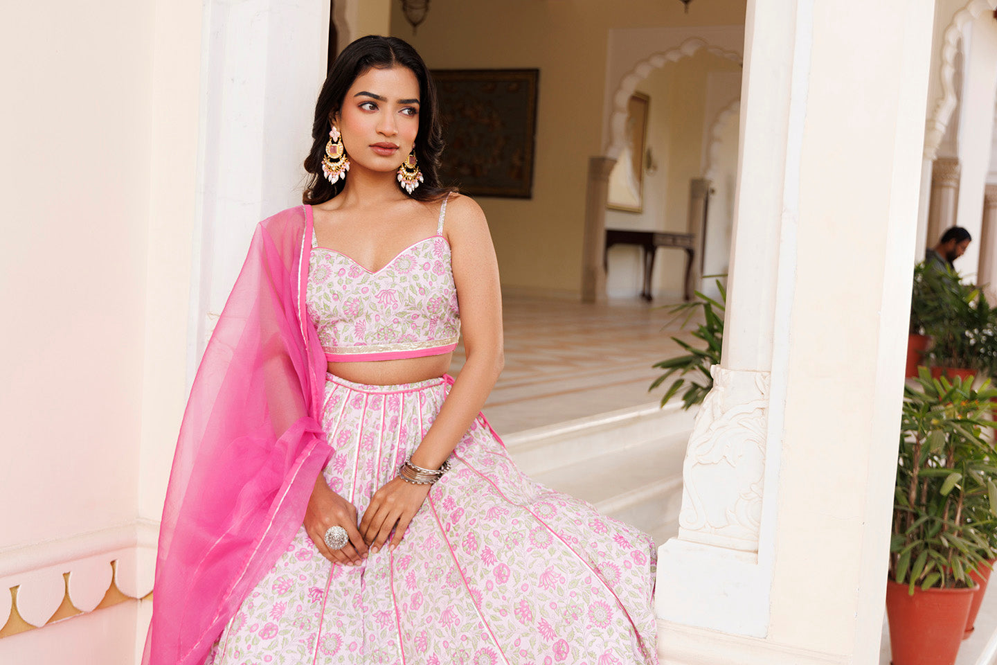 Mauve Chalk Pink Cotton Hand Printed Lehenga Set