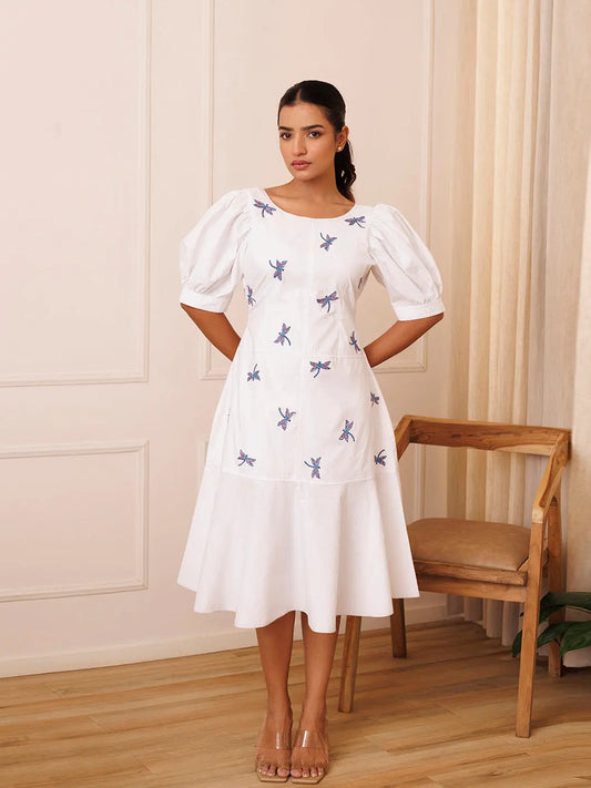 Dragonfly Embroidered Cotton Dress Ragavi