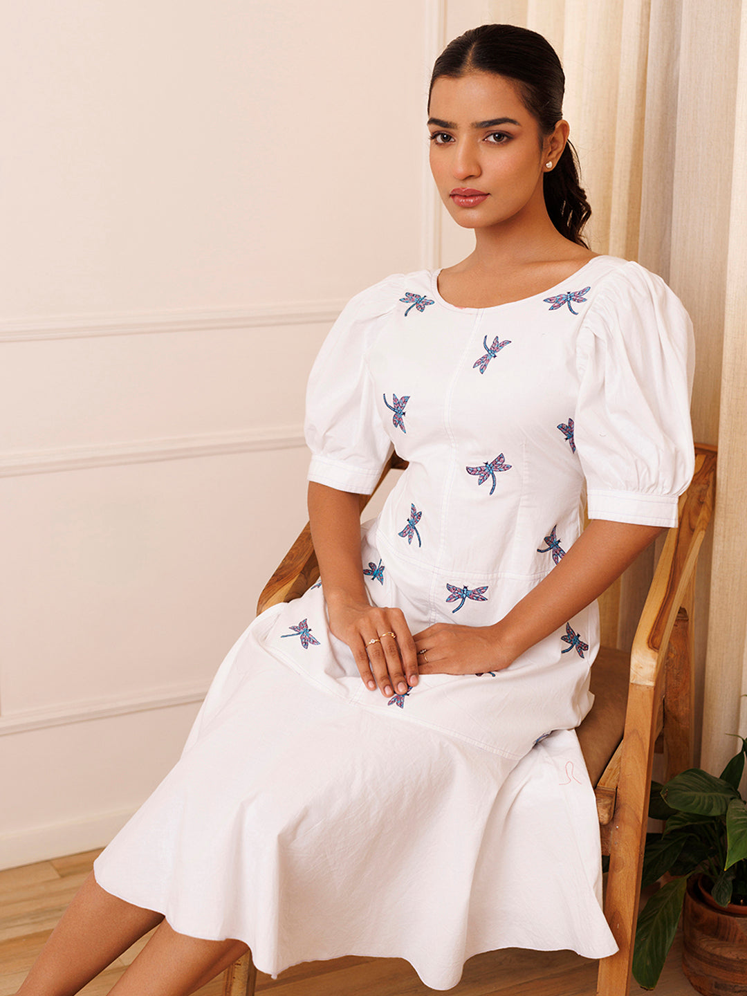 Dragonfly Embroidered Cotton Dress