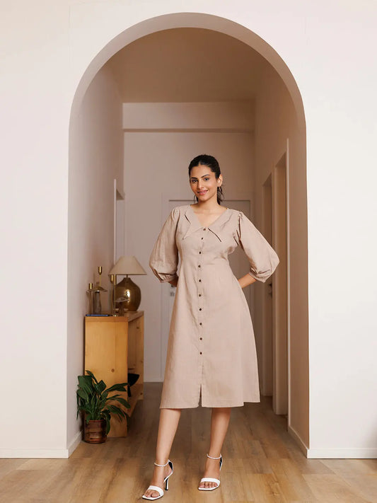 Taupe Linen Midi Dress Ragavi