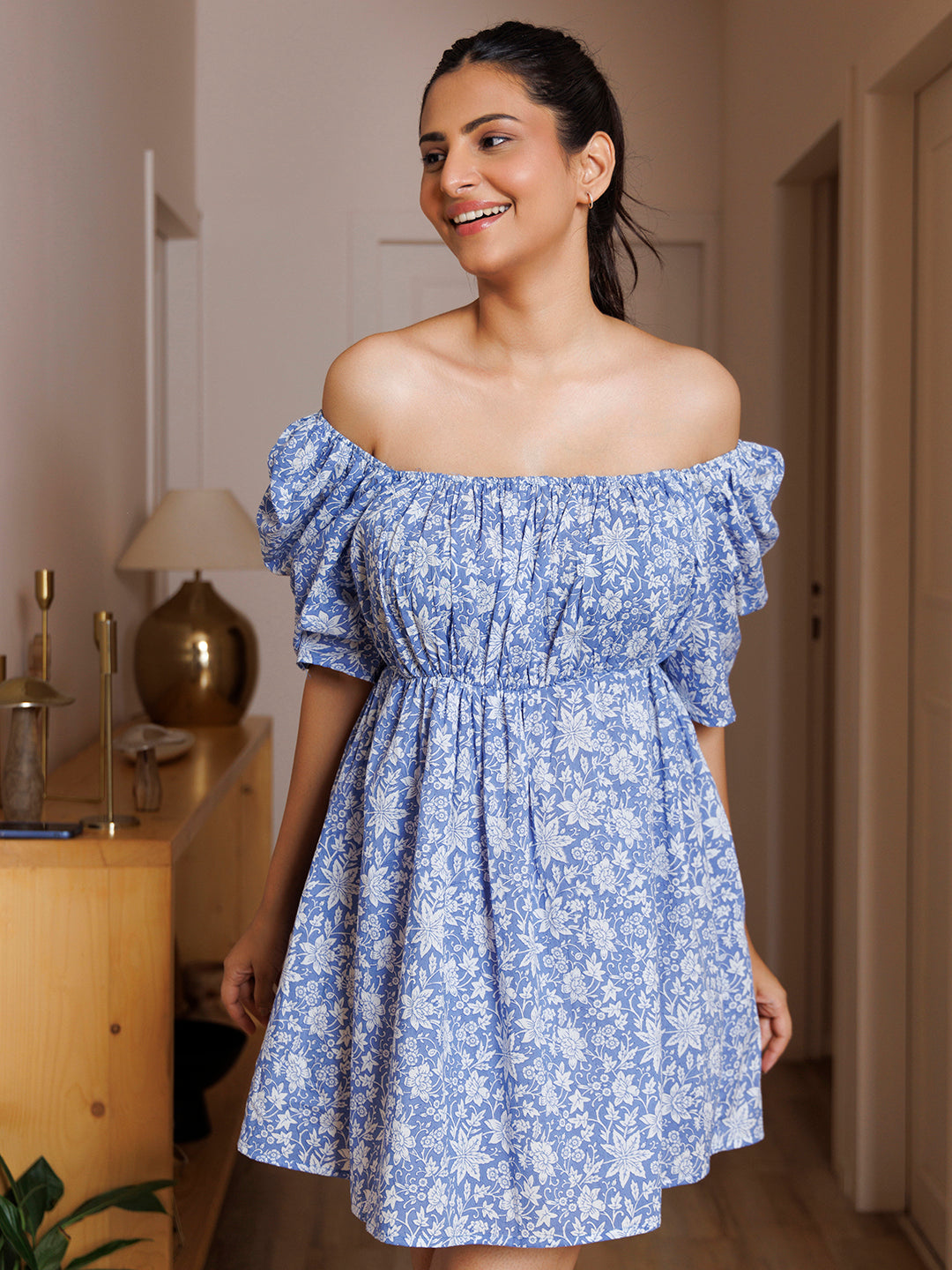 Oriental Orchid Blue Cotton Printed Dress