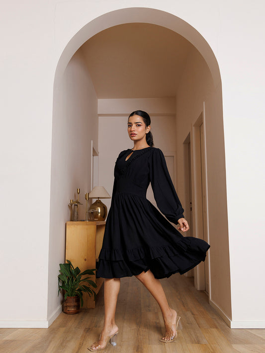 Black Velvet Petunia Cotton Midi Dress