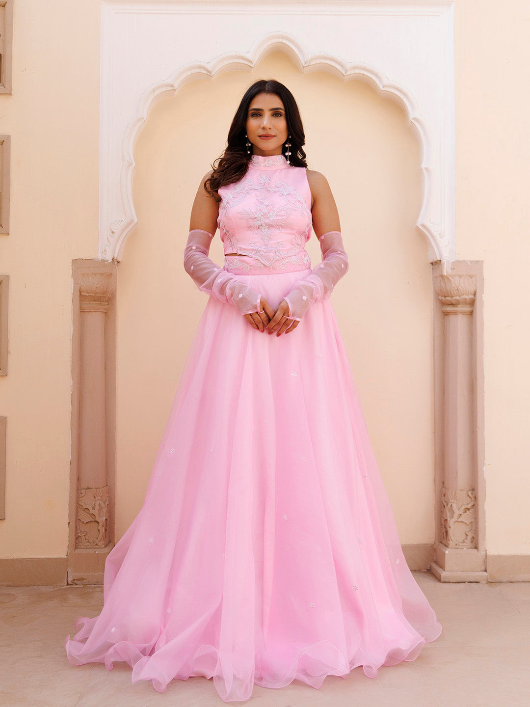 Soft Pink Organza Embroidered Lehenga Set