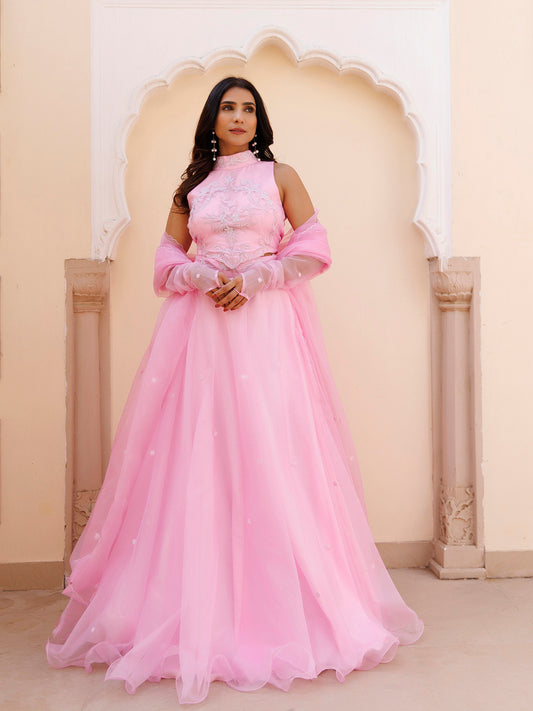 Soft Pink Organza Embroidered Lehenga Set