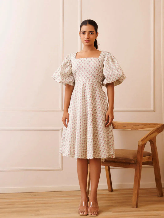 Dahlia White Cotton Printed Dress Ragavi