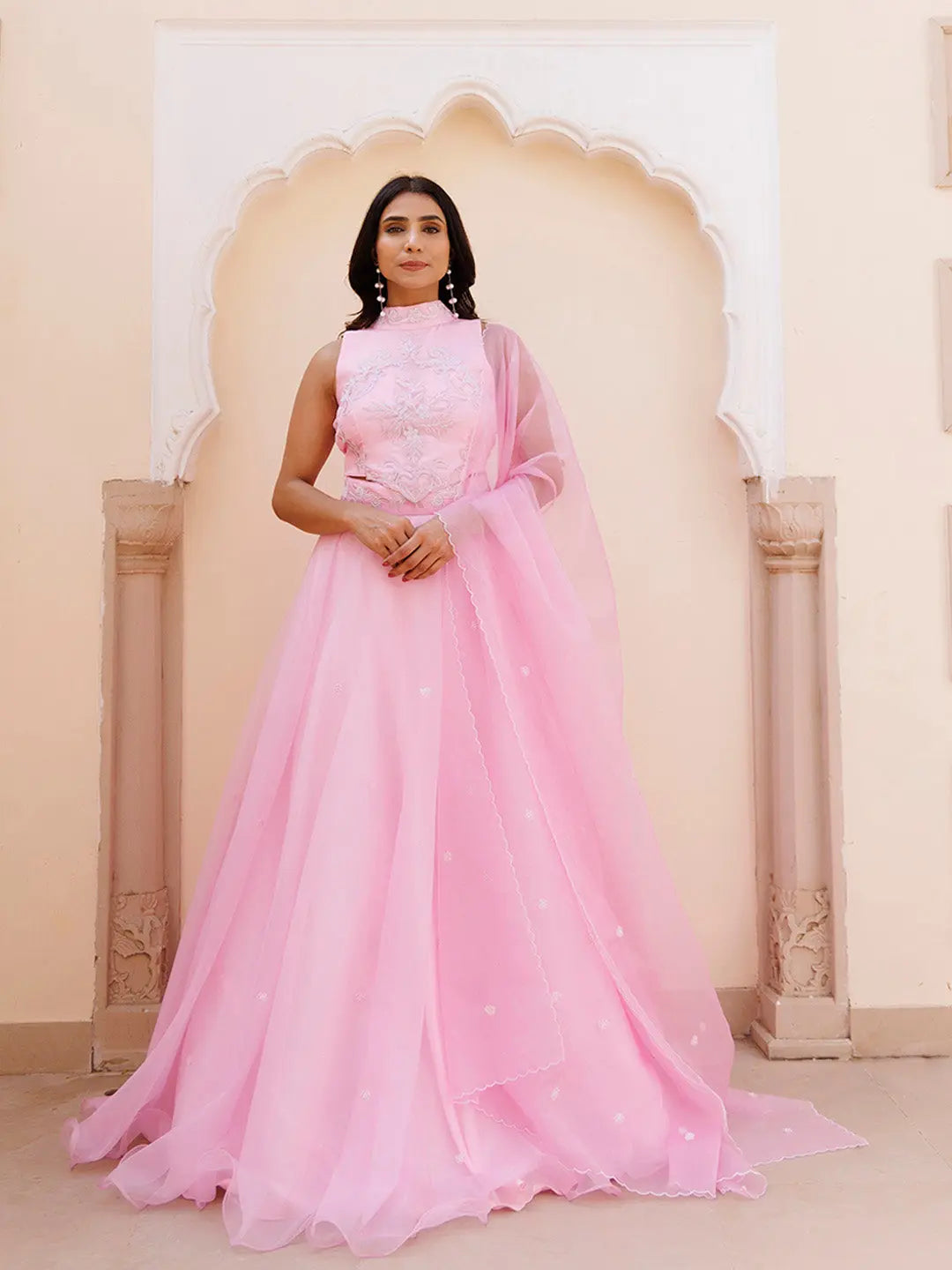Soft Pink Organza Embroidered Lehenga Set RAGAVI