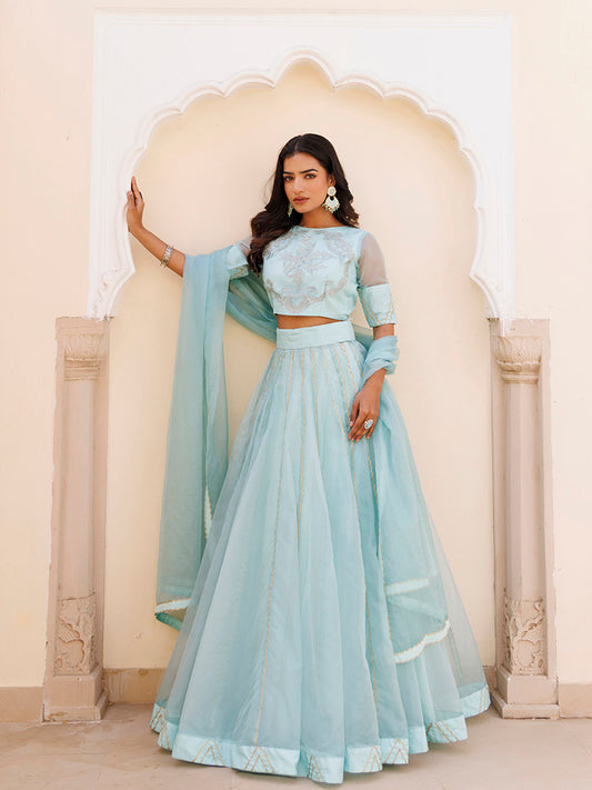 Aqua Blue Bay Organza Lehenga Set