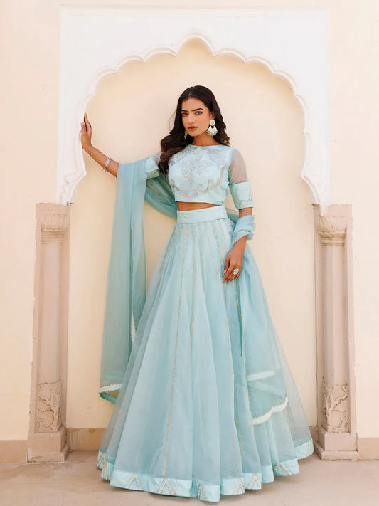 Aqua Blue Bay Organza Lehenga Set RAGAVI