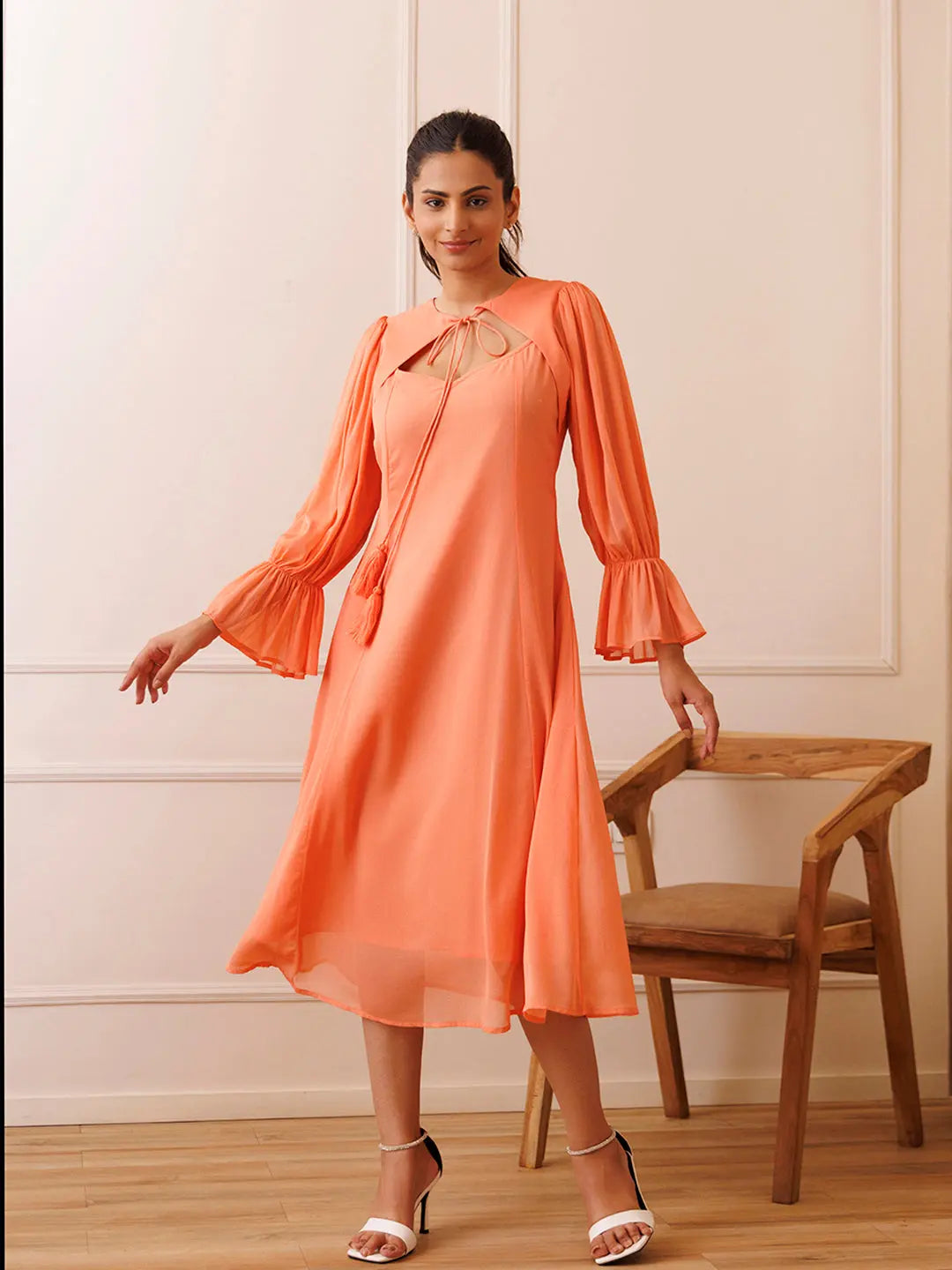 Heather Peach Orange Chiffon Dress Ragavi