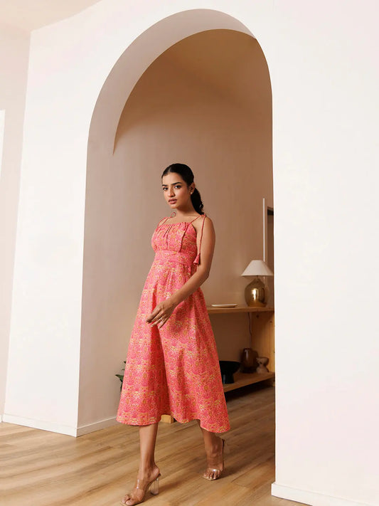 Gerbera Pink Cotton Printed Midi Dress Ragavi