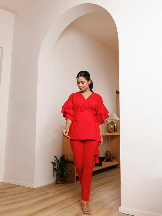 Scarlet Bee Balm Red Cotton Co- Ord Set - Ragavi