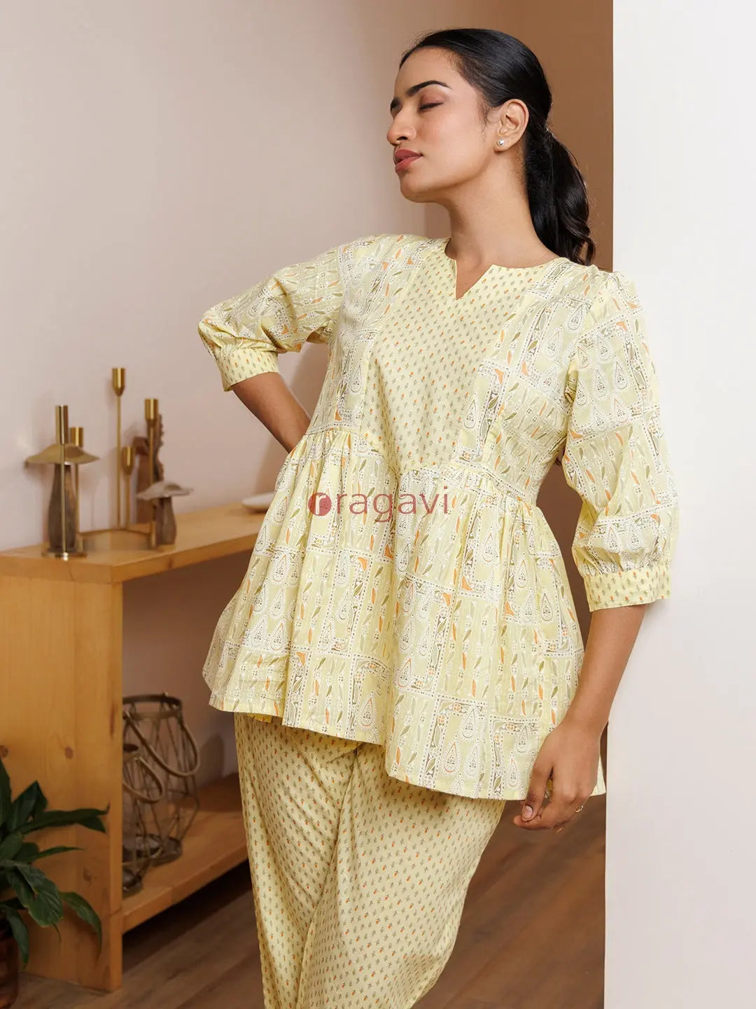 Witch Hazel Yellow Cotton Printed Co -Ord Set - Ragavi