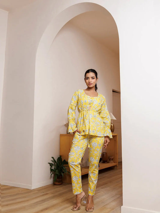Blooming Yellow Cotton Printed Co- Ord Set Ragavi