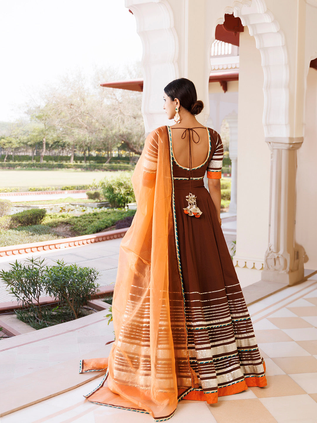 Brunette Brown and Orange Cotton Lehenga Set