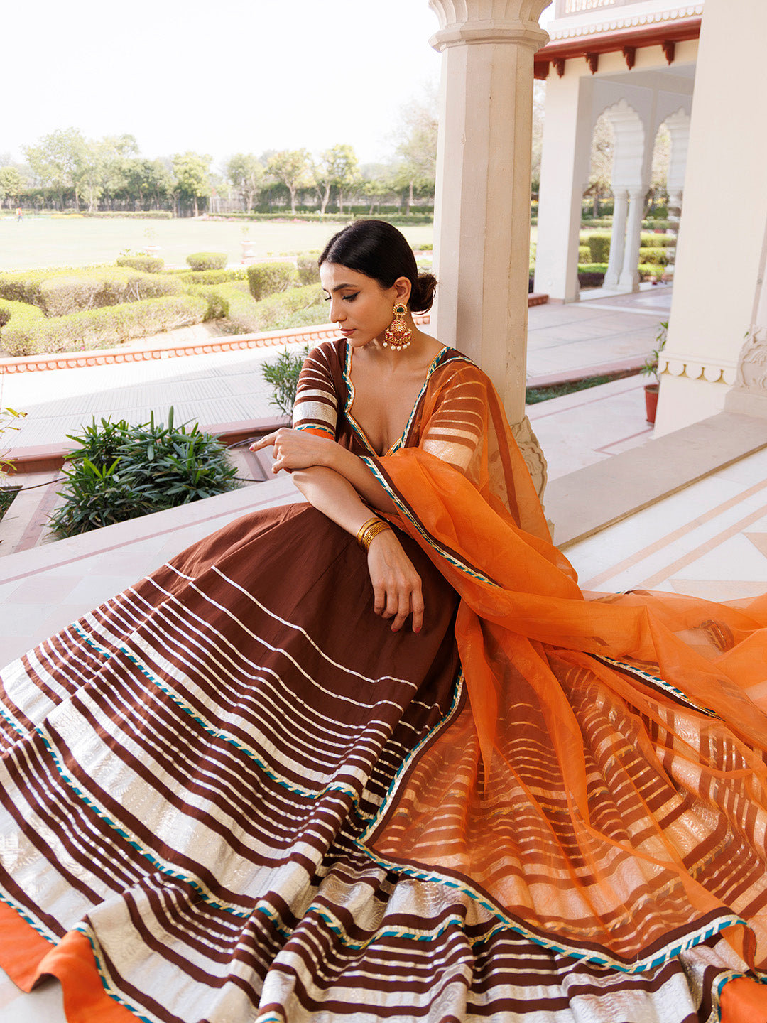 Brunette Brown and Orange Cotton Lehenga Set