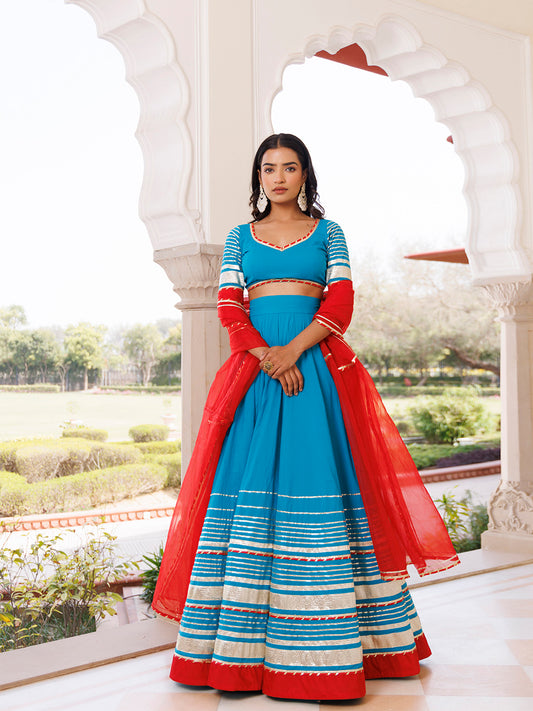 Palace Blue and Red Cotton Lehenga Set