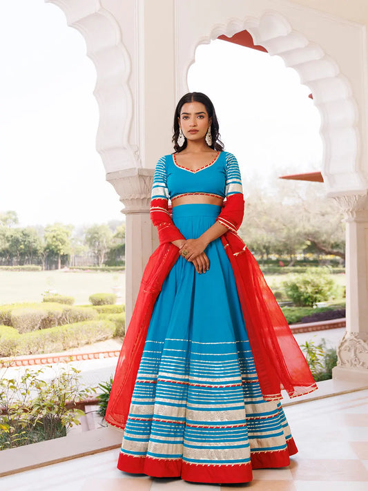 Palace Blue and Red Cotton Lehenga Set RAGAVI