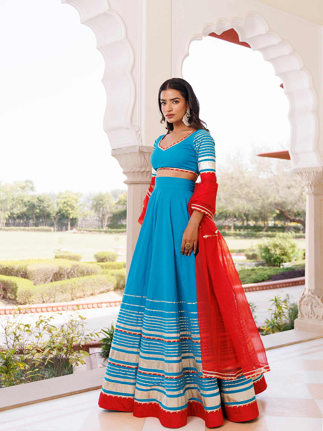Palace Blue and Red Cotton Lehenga Set