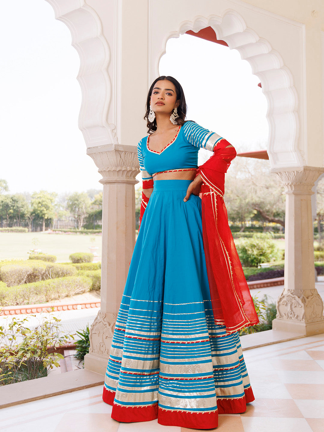 Palace Blue and Red Cotton Lehenga Set