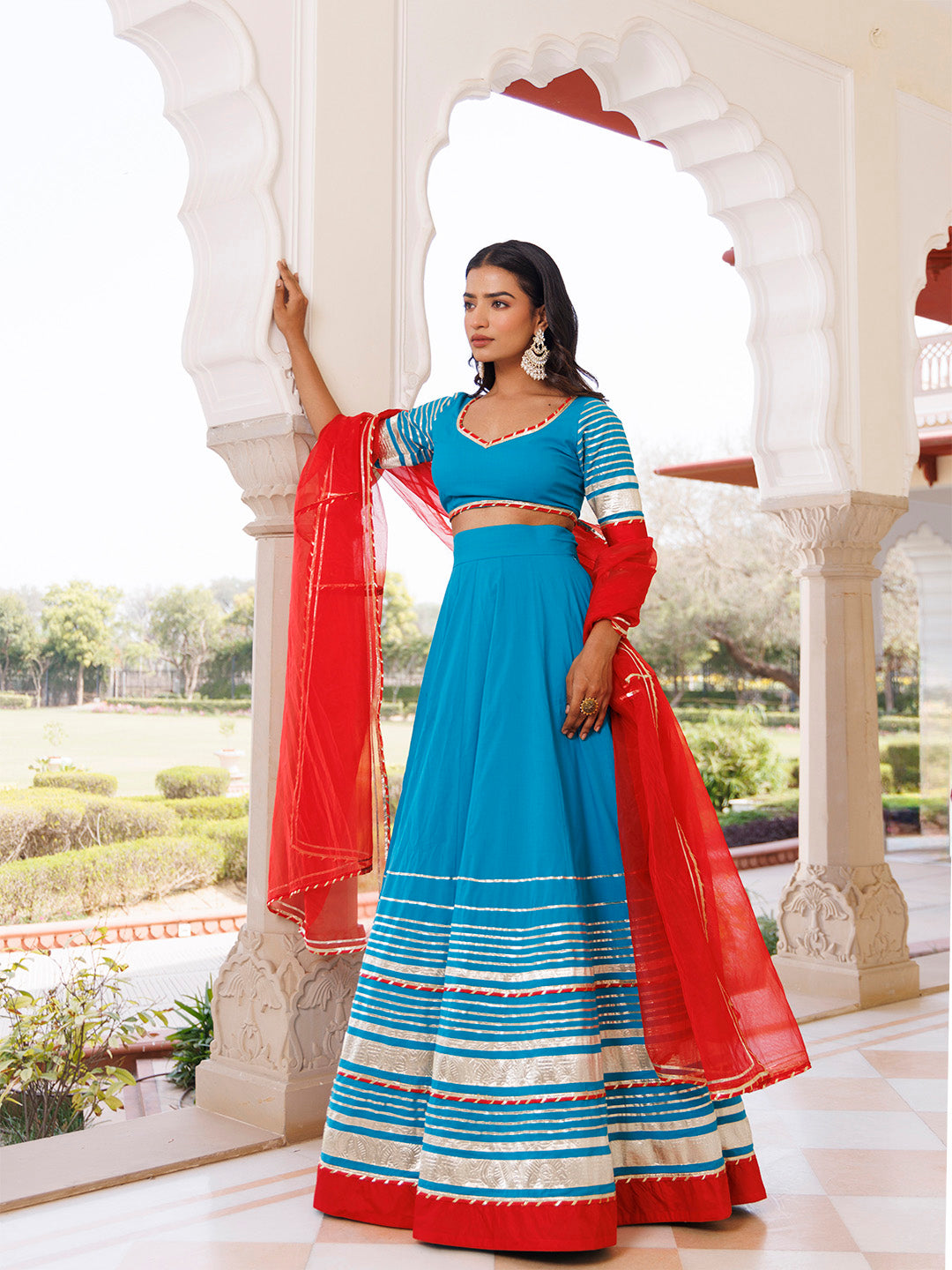 Palace Blue and Red Cotton Lehenga Set