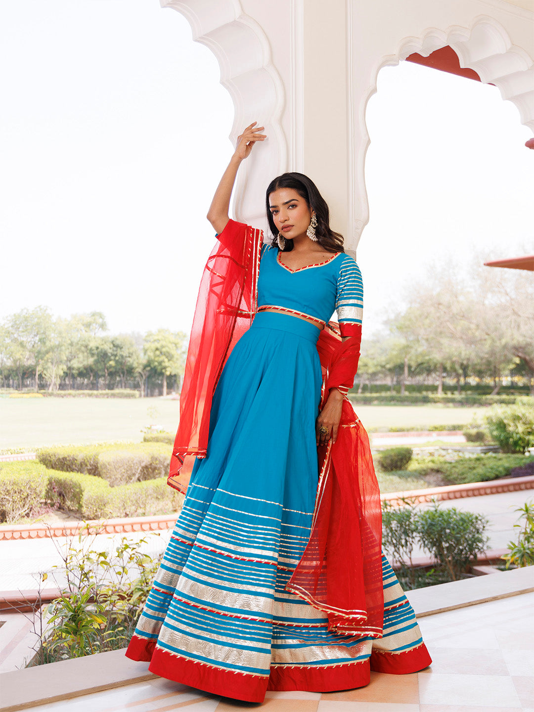 Palace Blue and Red Cotton Lehenga Set