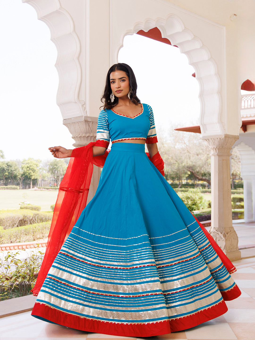 Palace Blue and Red Cotton Lehenga Set
