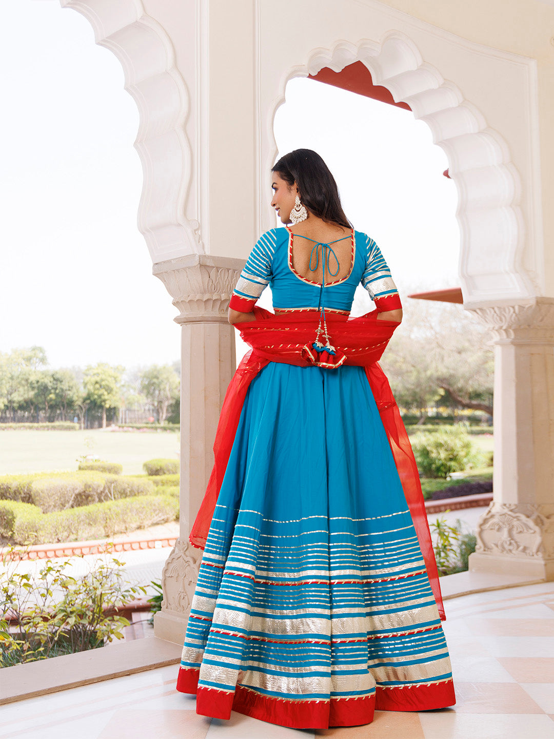 Palace Blue and Red Cotton Lehenga Set