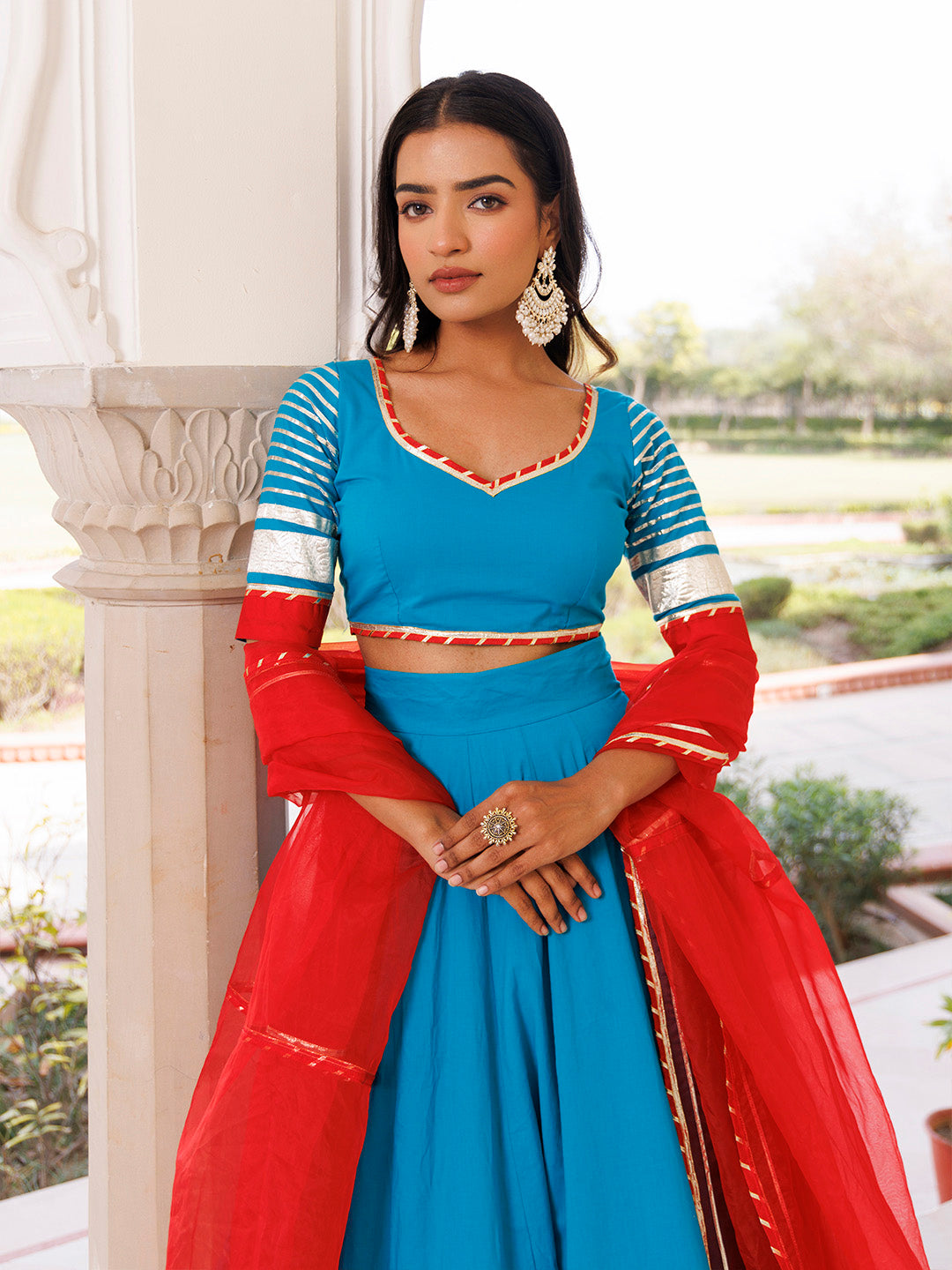 Palace Blue and Red Cotton Lehenga Set