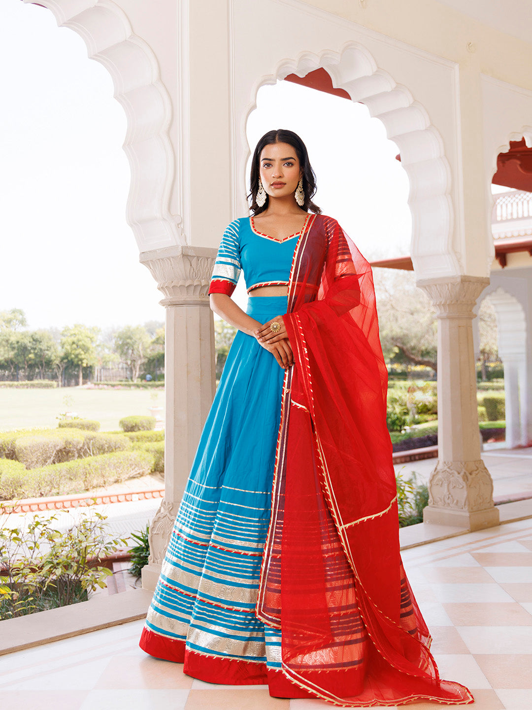 Palace Blue and Red Cotton Lehenga Set