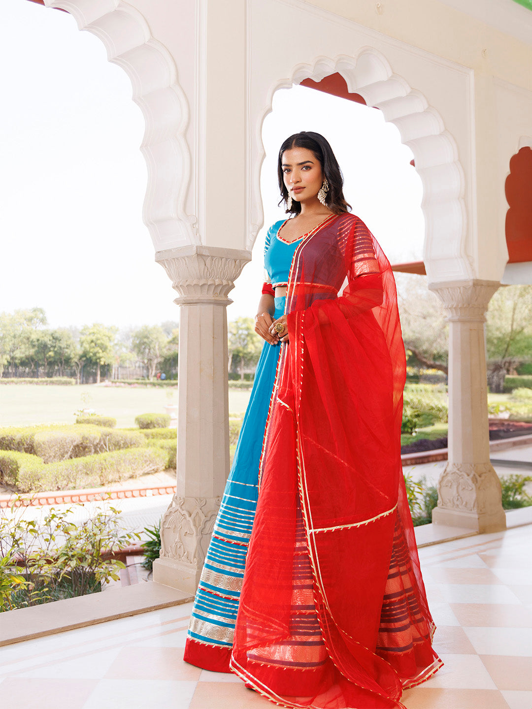 Palace Blue and Red Cotton Lehenga Set