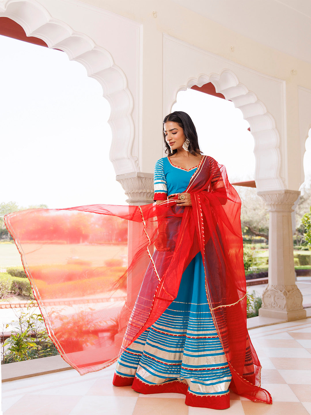 Palace Blue and Red Cotton Lehenga Set