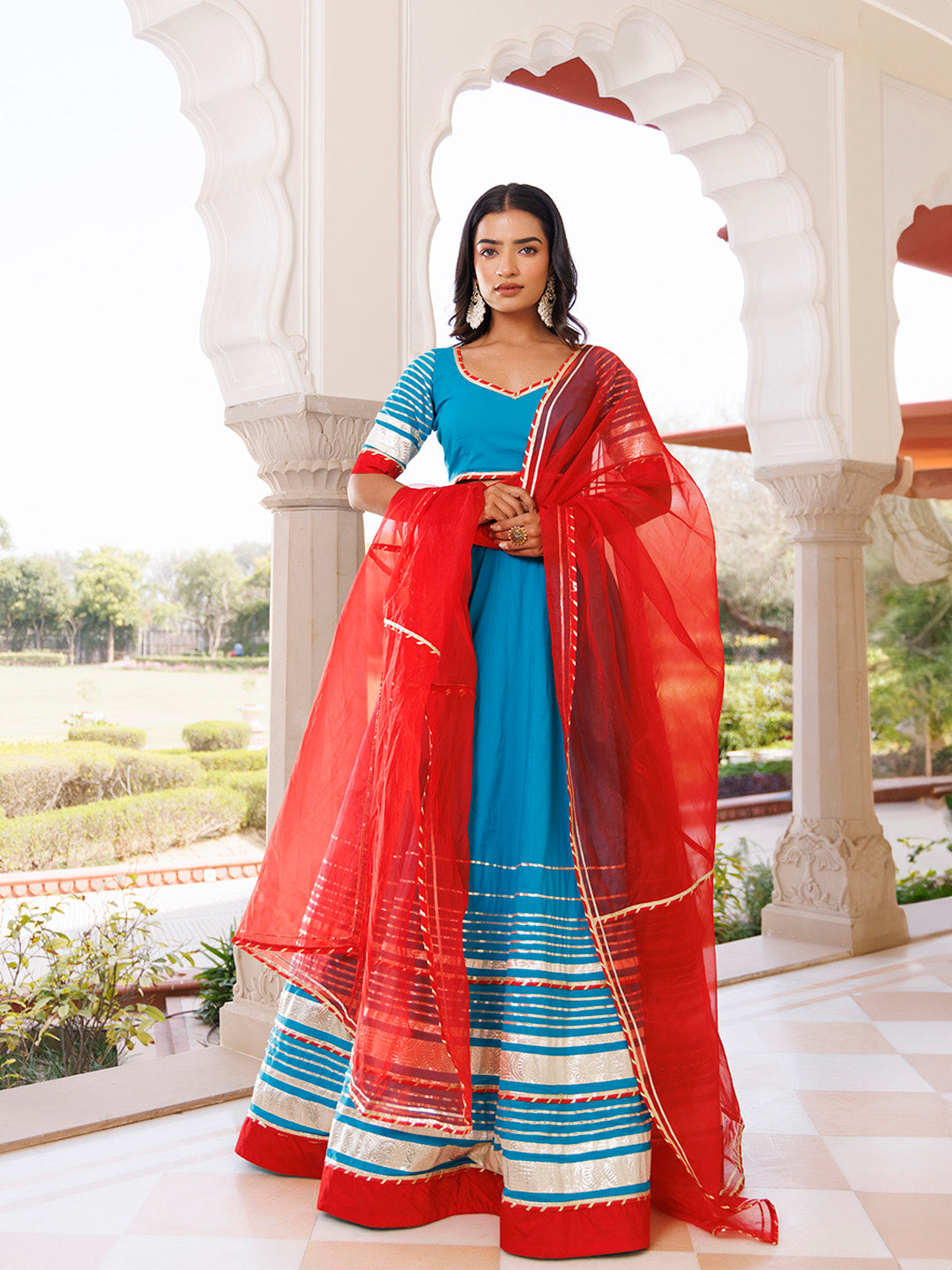 Palace Blue and Red Cotton Lehenga Set