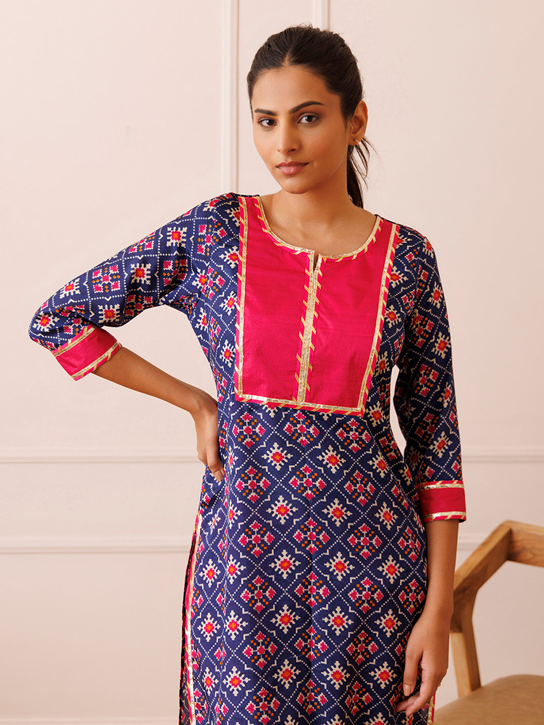 Pink Blue Patola Printed Kurta Set
