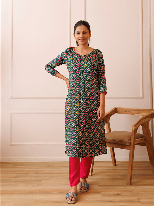Pine Green and Pink Patola Printed Kurta Set