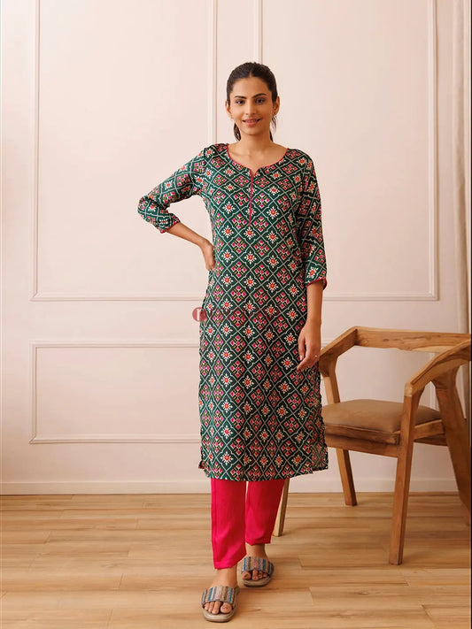 Pine Green and Pink Patola Printed Kurta Set - Ragavi