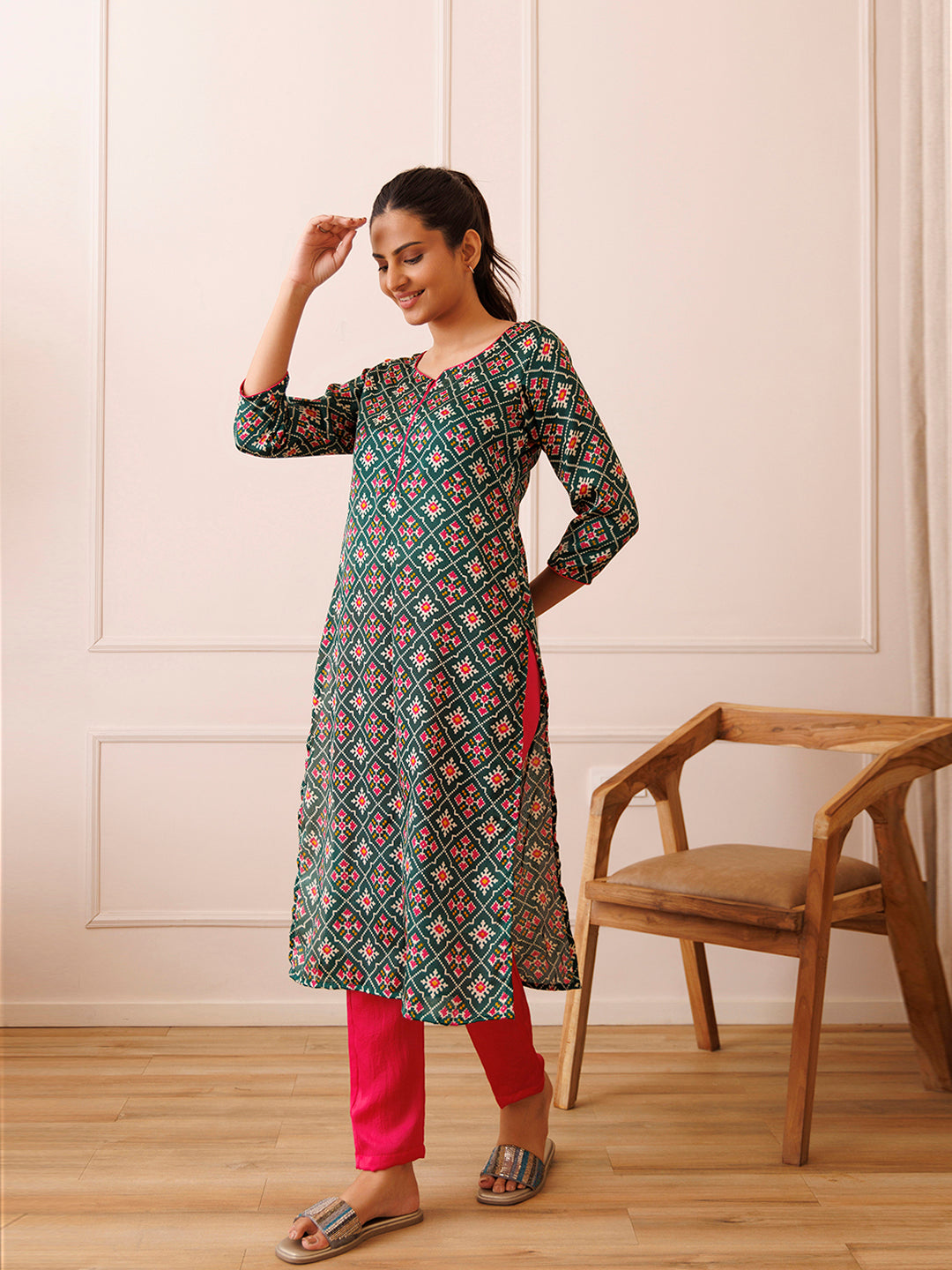 Pine Green and Pink Patola Printed Kurta Set
