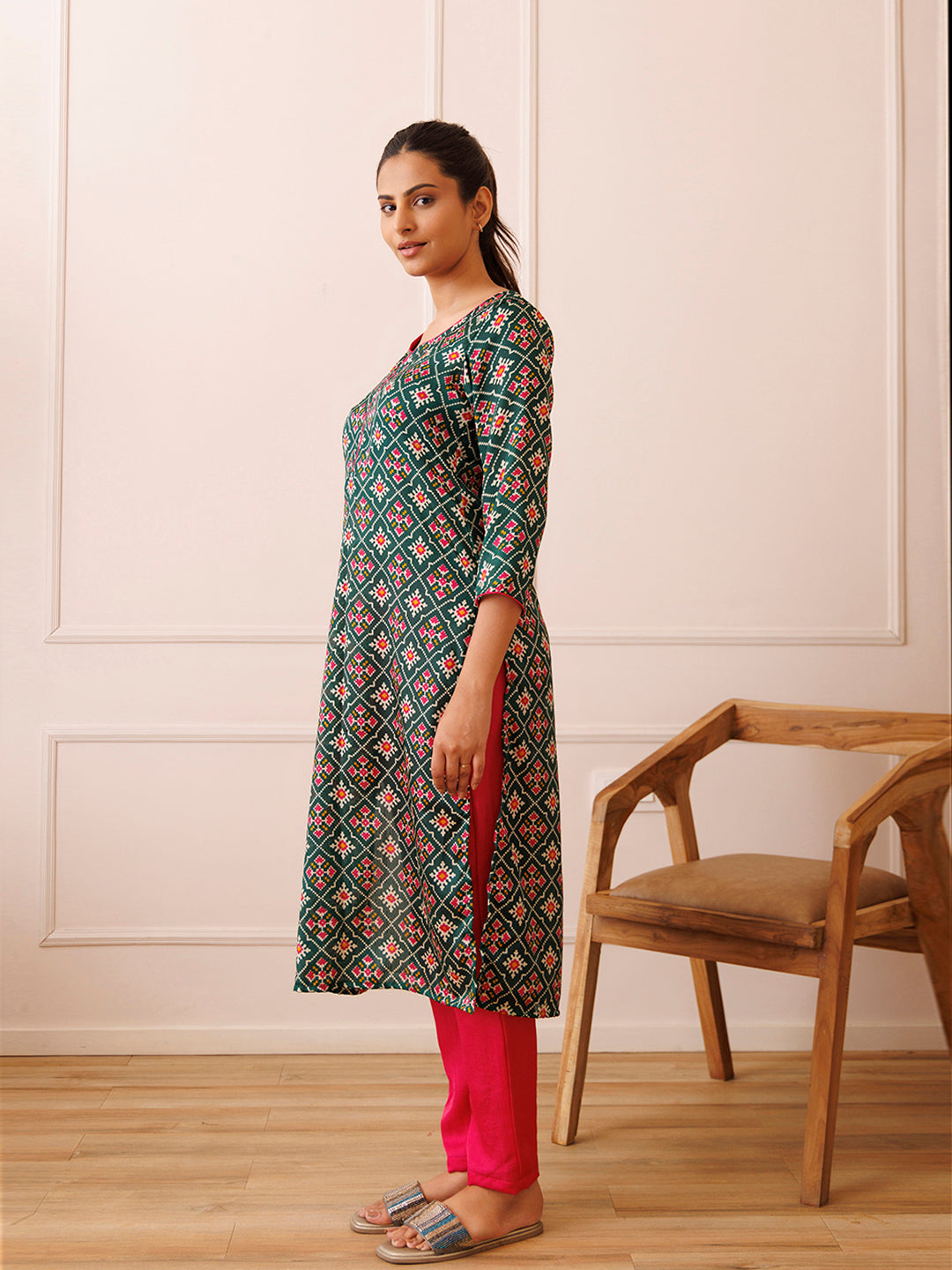 Pine Green and Pink Patola Printed Kurta Set